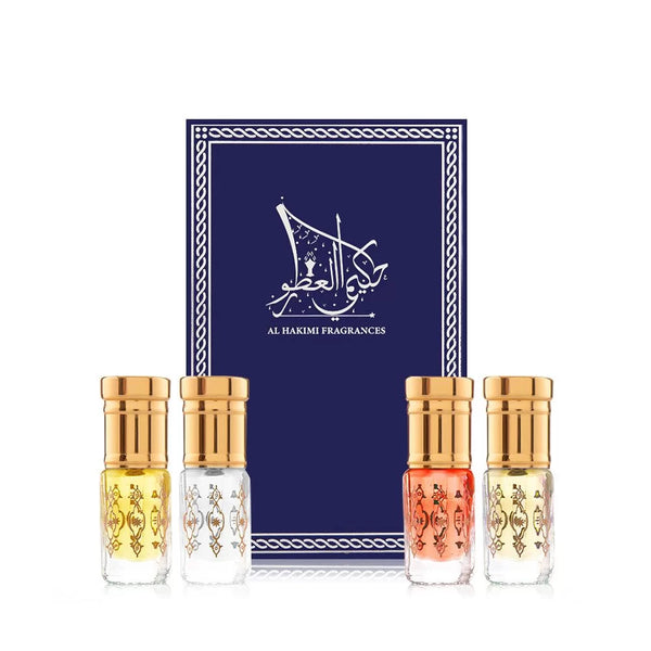 Al Hakimi Fragrances Gift Set - White Oud, Red Musk, Mukhallat Behjat & Patchouli Gold - 1/4 Tola
