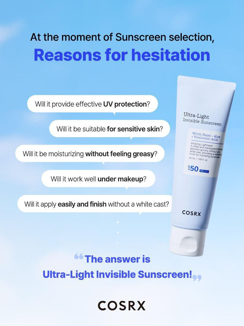 واقي شمس كوزركس ألترا لايت غير مرئي بمعامل حماية SPF50، سعة 50 مل