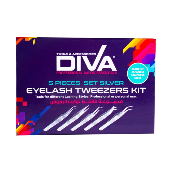 Diva Eyelash Tweezers Kit Silver 5Pcs
